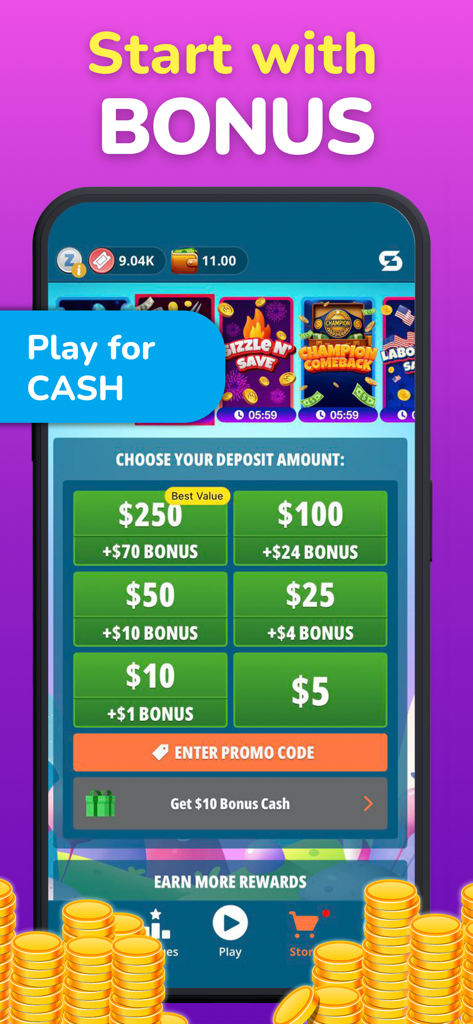 Real Prizes Word Search Game - Tela de celular mostrando níveis de depósito e bônus em dinheiro no aplicativo Real Prizes Word Search