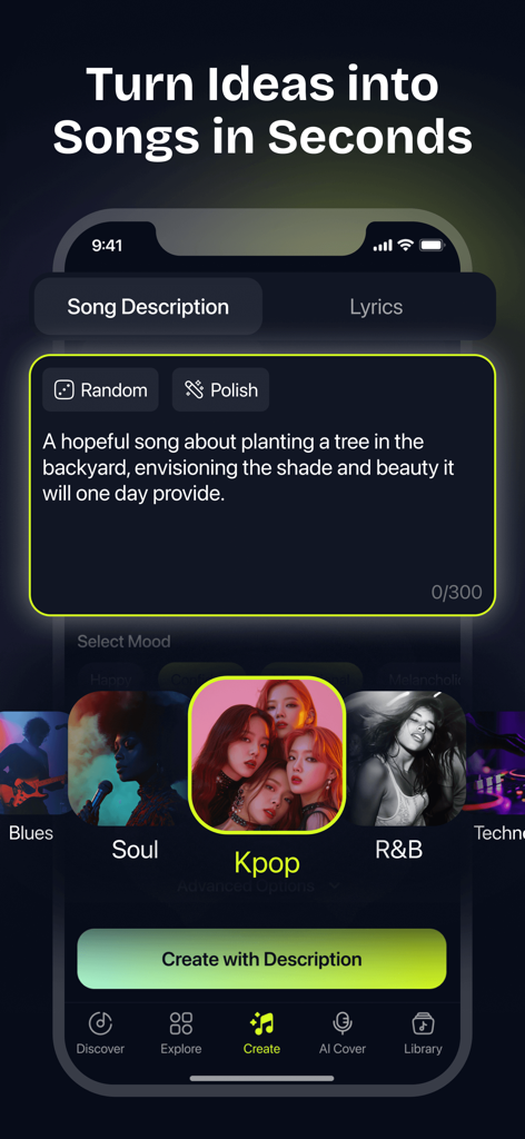 MelodyCraft app screen showing a text description prompt and genre selection for creating AI music