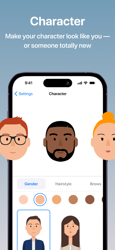 Weather Fit app screen showing character customization options including gender skin tone and hairstyle