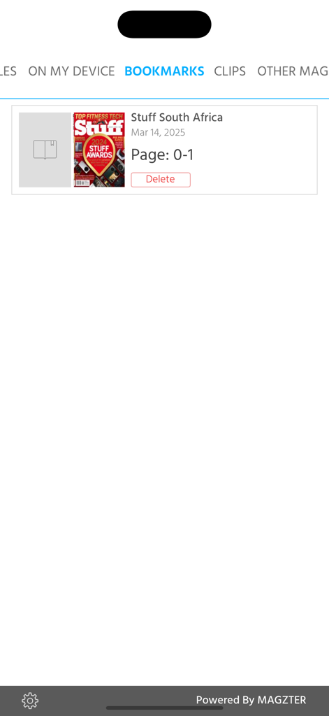 Schermata dei preferiti dell'app Stuff Magazine che mostra un numero salvato di Stuff South Africa.