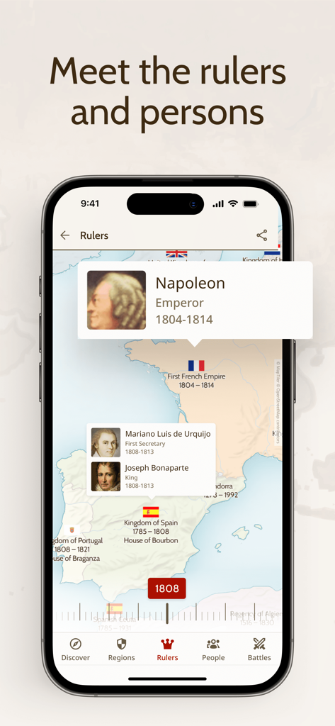 Screenshot der OldMapsOnline-App, der eine historische Karte von Europa im Jahr 1808 mit Informationen über Napoleon und andere Herrscher zeigt.