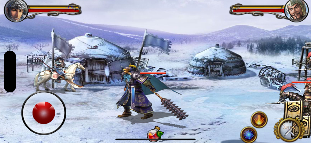 Kingdoms War - Kingdoms War gameplay showing a warrior in traditional armor fighting in a snowy Three Kingdoms camp with yurts and flags