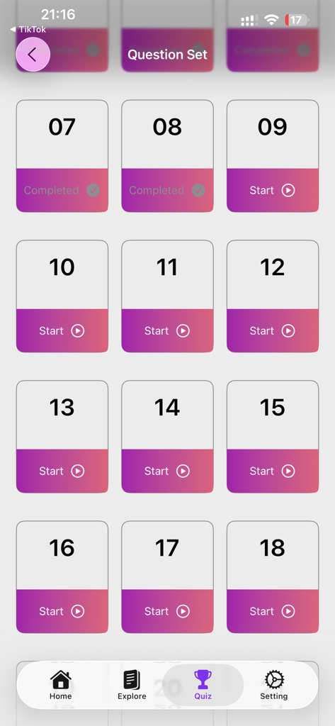 Learn Linux Commands - Mobile app interface showing a grid of numbered quiz modules for learning Linux commands.