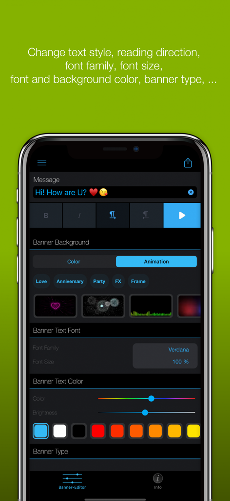 Interfaz de la app LED Banner Pro mostrando opciones para personalizar el color del texto, la fuente y la animación de fondo