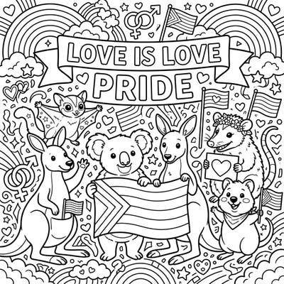Embrace the spirit of inclusivity with this adorable coloring page featuring marsupials celebrating Pride Month. Join koalas, kangaroos, and friends in a joyous scene filled with rainbows, flags, and the message 'LOVE IS LOVE' for a truly uplifting coloring experience.