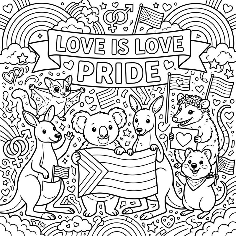 Embrace the spirit of inclusivity with this adorable coloring page featuring marsupials celebrating Pride Month. Join koalas, kangaroos, and friends in a joyous scene filled with rainbows, flags, and the message 'LOVE IS LOVE' for a truly uplifting coloring experience.