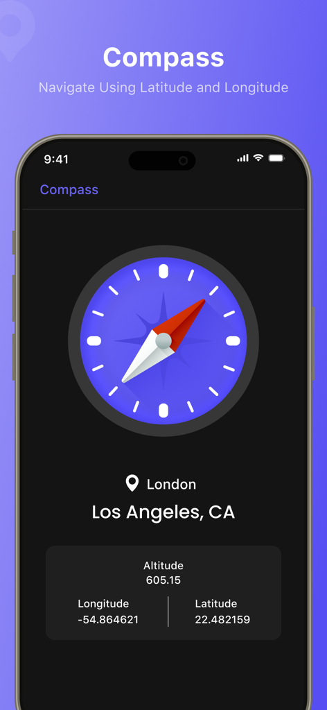 로스앤젤레스의 고도와 GPS 좌표를 보여주는 스마트폰의 디지털 나침반 인터페이스