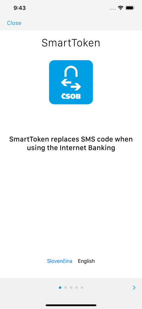 CSOB SmartToken intro screen explaining SMS replacement for banking.