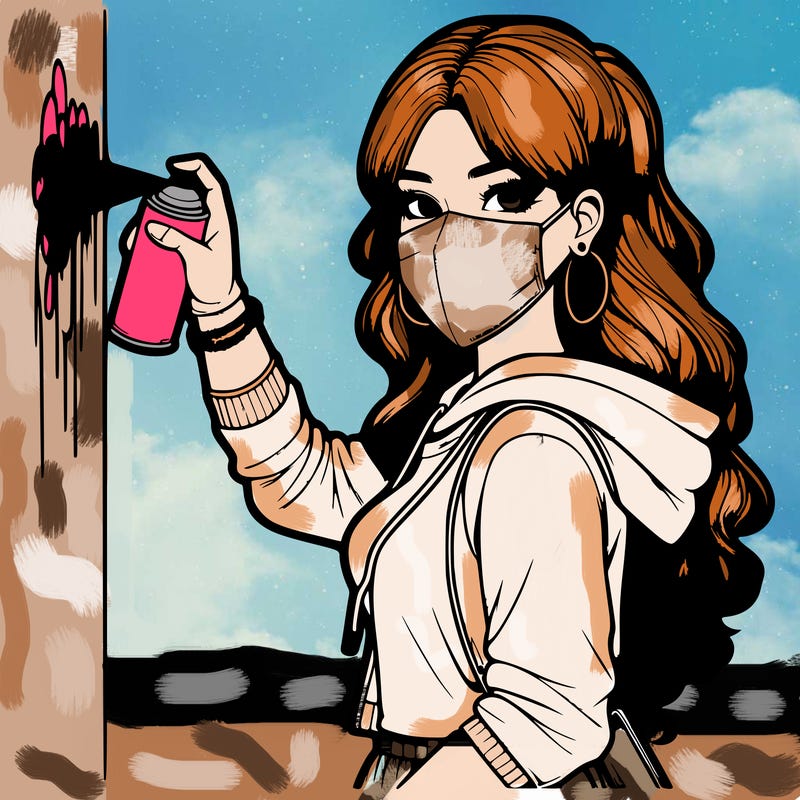 realistic girl with mask spray painting a wall