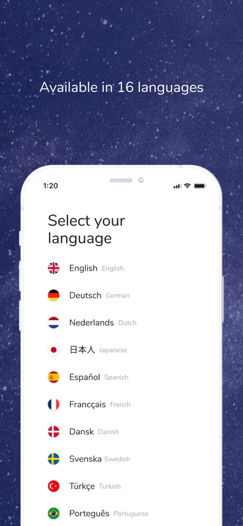 Bildschirm zur Sprachauswahl in der Wonder Weeks Baby Monitor App, der 16 verfügbare Sprachen anzeigt