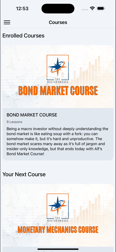 The Macro Compass - Mobile app screen showing a list of financial education courses including Bond Market and Monetary Mechanics in The Macro Compass app.