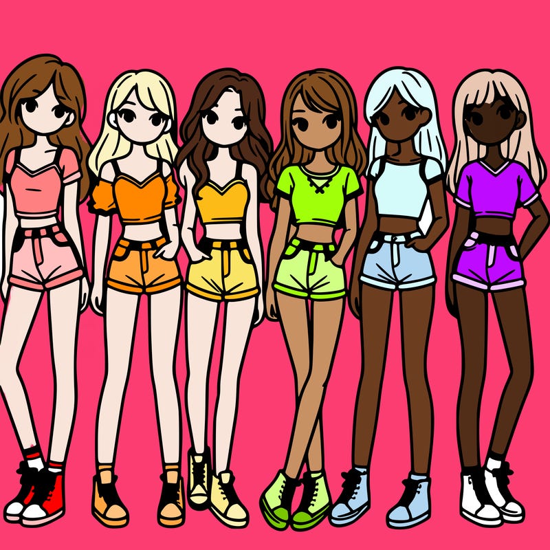 a group of girls wearing crop tops and shorts