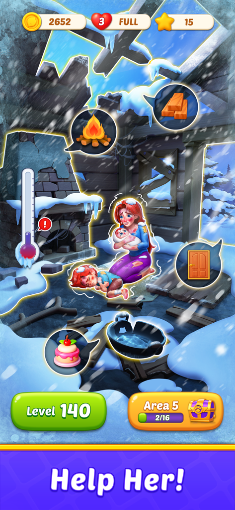 Home Match - Garden & Design - Una mujer y niños tiritando en una habitación nevada en ruinas con iconos interactivos para ayudarles