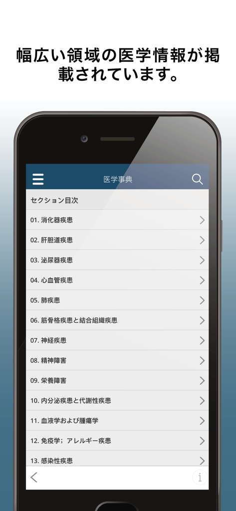 MSDマニュアル プロフェッショナル版 日本語アプリの医学カテゴリの目次。