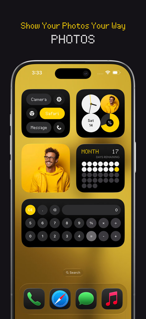 NewThing Widgets Pro - A custom iPhone home screen featuring aesthetic black and yellow widgets including photos, a clock, and a calculator from NewThing Widgets Pro.
