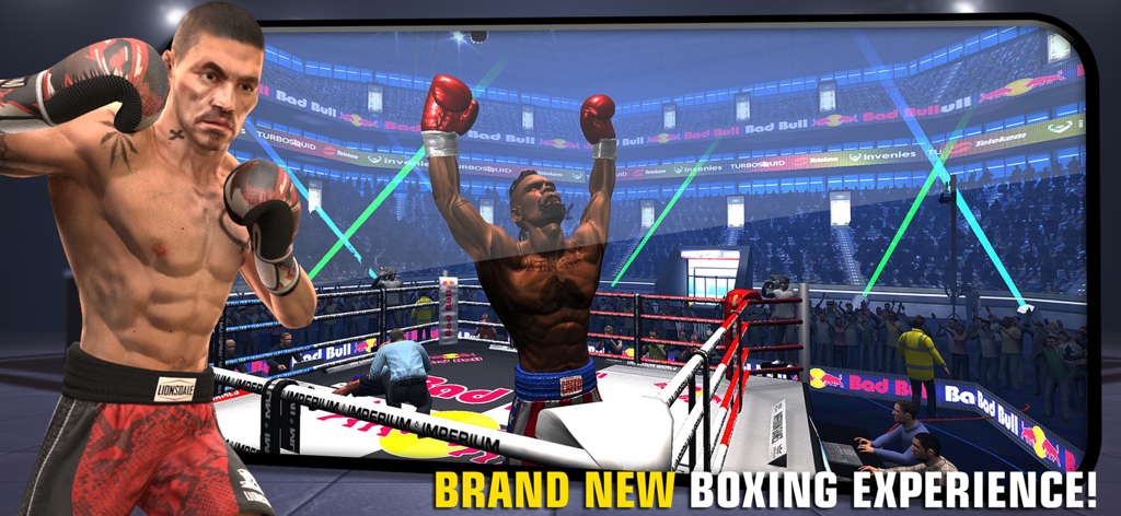 Boxing - Fighting Clash - Un boxeador celebrando una victoria en un ring de boxeo con público en el estadio de fondo