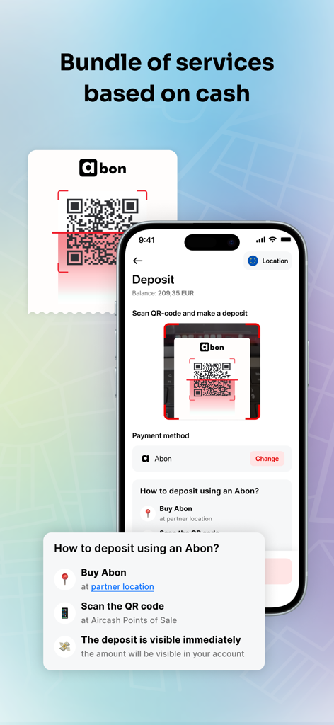 The Aircash app scanning a QR code on an Abon voucher for an instant cash deposit