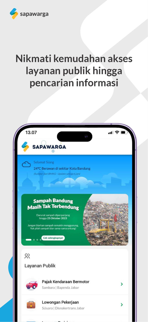 SAPAWARGA - Jabar Super Apps - Home screen of the Sapawarga Jabar Super App showing public services like vehicle tax and job search features