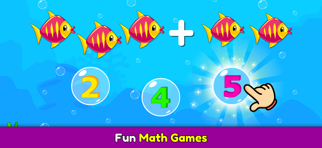 Addition math game for kids featuring colorful fish in an underwater scene