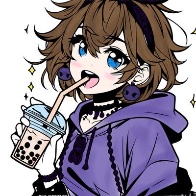 hot baddie anime girl drinking boba and biting the straw