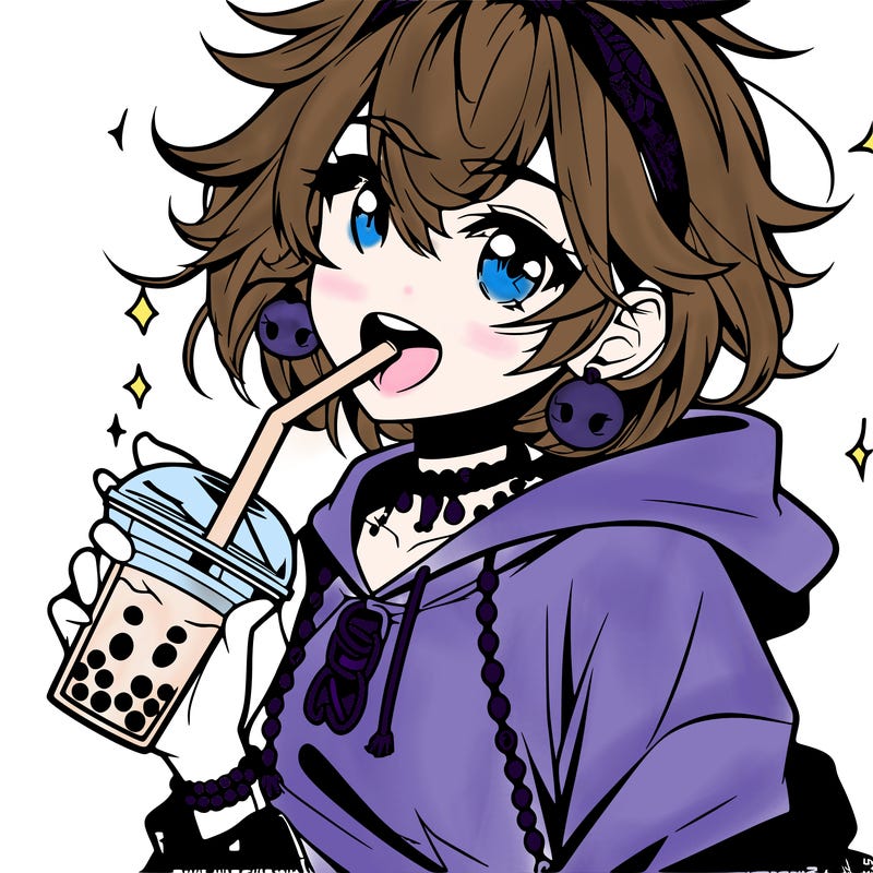 hot baddie anime girl drinking boba and biting the straw