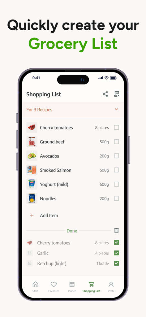Un smartphone mostrando una lista de compras digital con iconos de comida y cantidades en la aplicación Keep Recipes