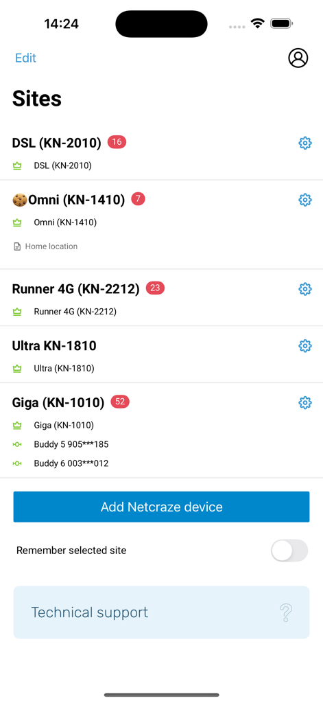 Netcraze - Interface de l'application Netcraze montrant une liste de sites réseau domestique et de routeurs gérés avec le nombre d'appareils actifs.