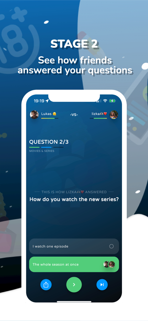 Mobile app screenshot showing friends comparing answers to a quiz question about watching TV series