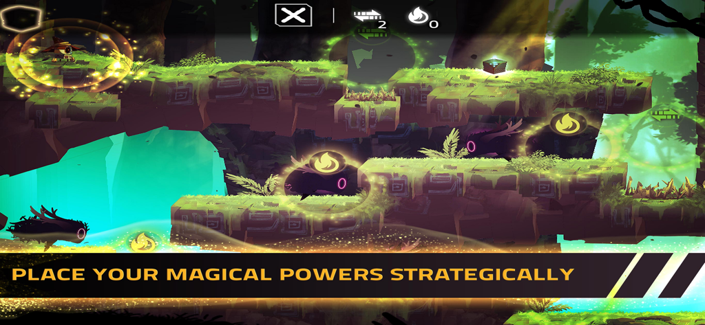 Magibot puzzle platformer gameplay showing strategic power placement on a forest level