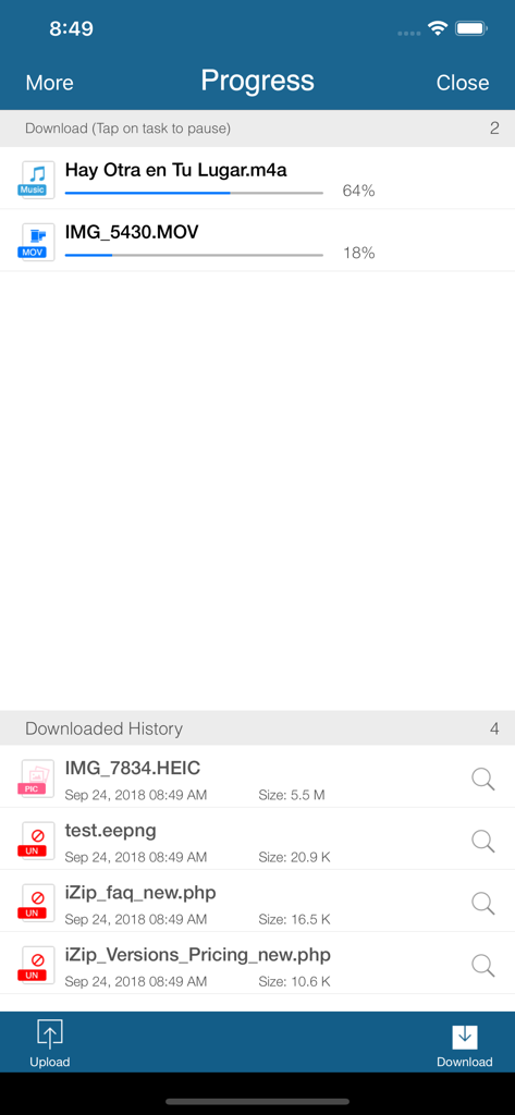 Interface do iTransfer Pro mostrando barras de progresso de download de arquivos ativos e histórico de transferências