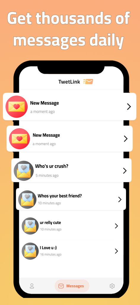 TwetLink - anonymous messages - Smartphone screen showing the TwetLink app interface with a list of anonymous messages and social questions