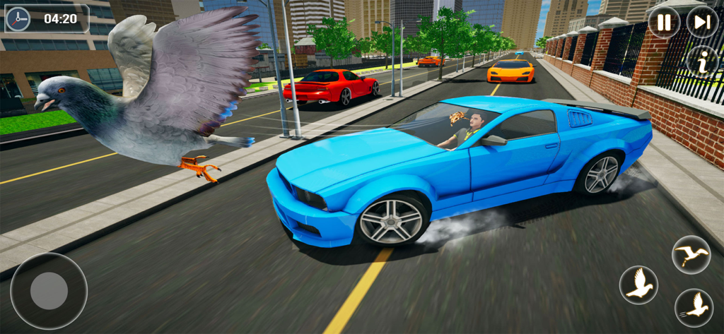 Pigeon Bird Flying Simulator - A pigeon flying through city streets next to a blue sports car in a bird simulator game