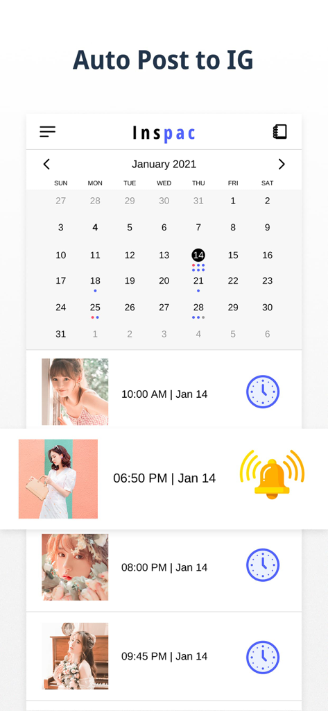 Inspac: Insta Story & Planner - Inspac mobile app interface showing a monthly calendar and a list of scheduled Instagram posts with specific times