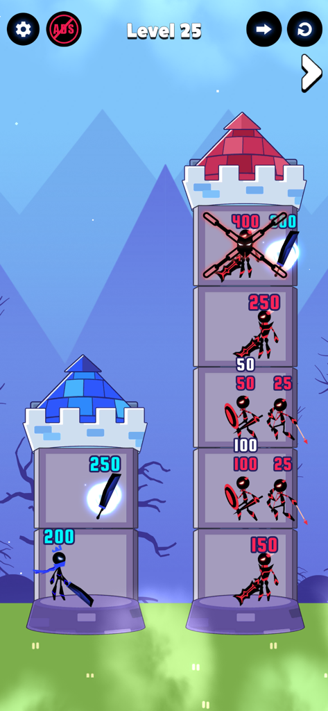 Hero Castle War: Tower Attack - Stickman ninja hero at the base of two towers with numbered enemies in a math puzzle battle game