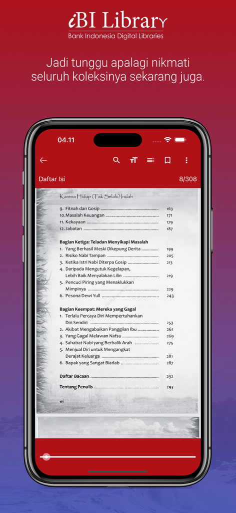 iBI Library - Digital ebook reader displaying a table of contents within the iBI Library application