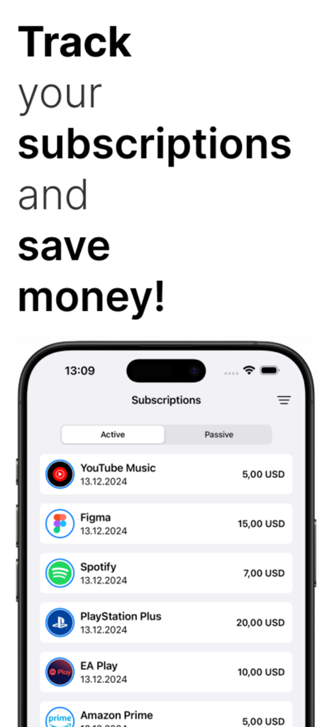TrackMySub: Track Subscription - TrackMySub app interface showing a list of active monthly subscriptions and their costs