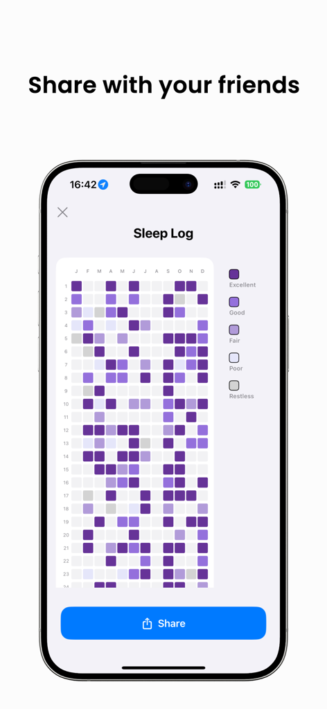 My Year in Pixels - CLY Pixel - A smartphone screen displaying a yearly sleep log as a purple pixel grid with options to share results