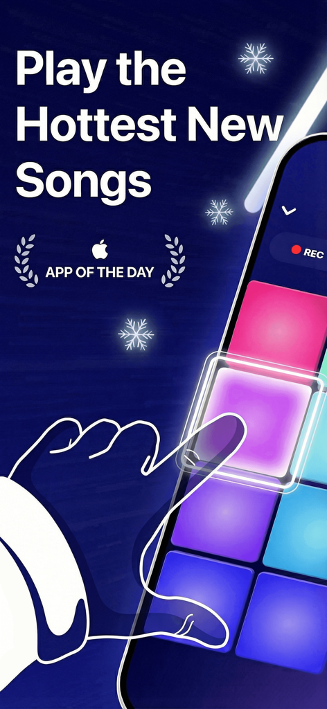 A hand tapping on colorful digital drum pads in the Beat Maker Pro app with text saying Play the Hottest New Songs.