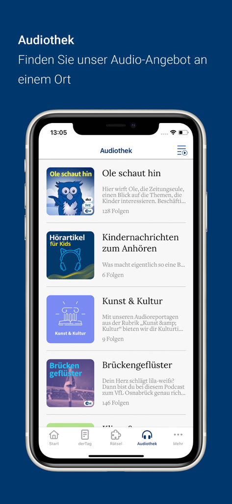 noz E-Paper App - Ein iPhone-Bildschirm, der den Audiothek-Bereich der noz E-Paper App mit einer Liste regionaler Podcasts und Audio-Artikel anzeigt.