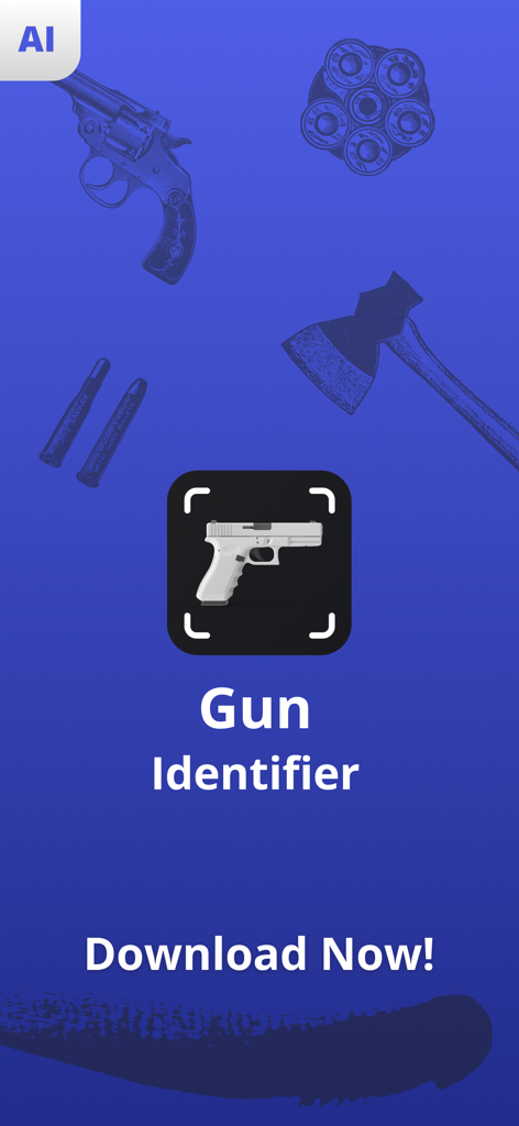 Gun Identifier - Gun Identifier app logo showing a handgun in a scanning frame on a blue background