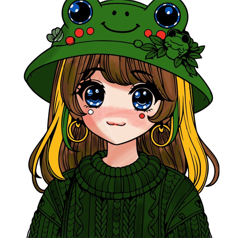 realistic girl wearing frog sweater and a frog hat with frog earrings