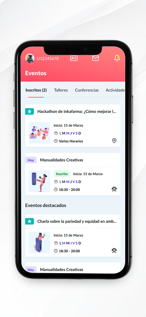 UTP Plus university app interface showing the events and workshops dashboard for students