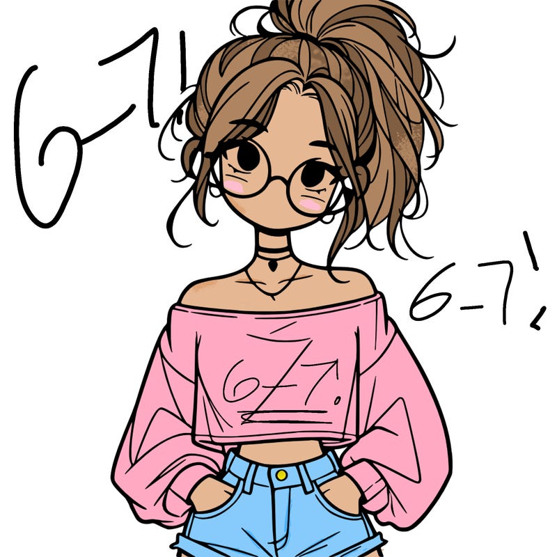 girl with a messy ponytail glasses a baggy crop top and jean shorts