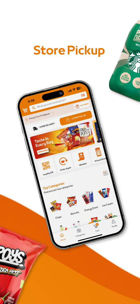 Trolley – ترولي - Trolley app interface displaying store pickup option and product categories like chips, biscuits, and energy drinks.