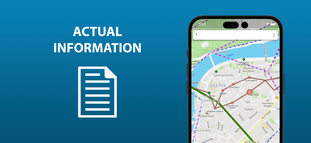 Écran de smartphone montrant la carte des transports en commun de Prague avec les lignes de métro et de tramway.