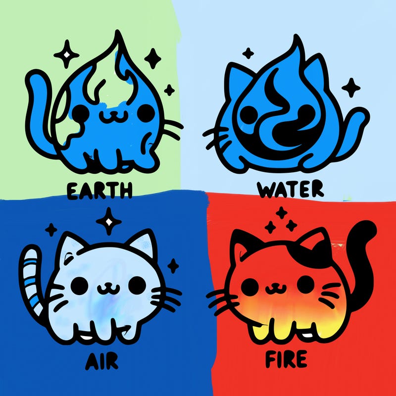 4 cats that represent the different elements, earth, water, air, and fire
