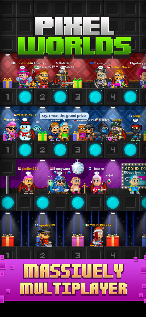 Pixel Worlds: MMO Sandbox - A large group of unique pixel art characters interacting in a social multiplayer world in Pixel Worlds.