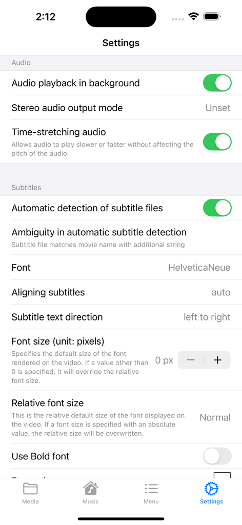 WMDPlayer - WMDPlayer-App-Einstellungsbildschirm für Audio-Wiedergabe und Untertitel-Anpassung.