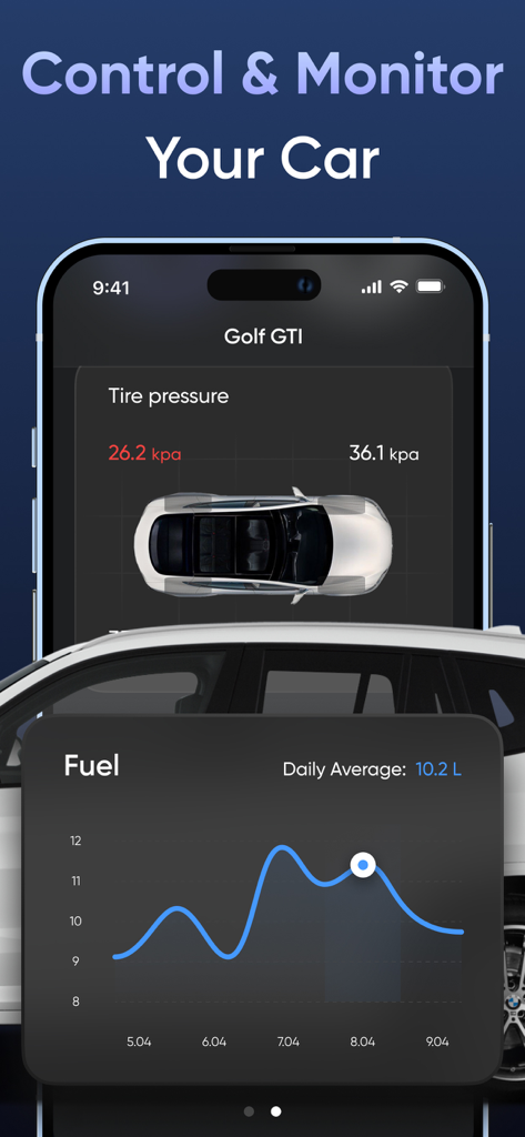 Car Play Connect. Digital key. - Car Play Connect app interface on an iPhone showing tire pressure and fuel monitoring dashboard