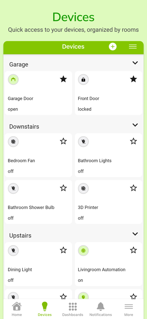 Interfaccia dell'app Hubitat Elevation che mostra i dispositivi della smart home organizzati per stanze come Garage e Piano Inferiore